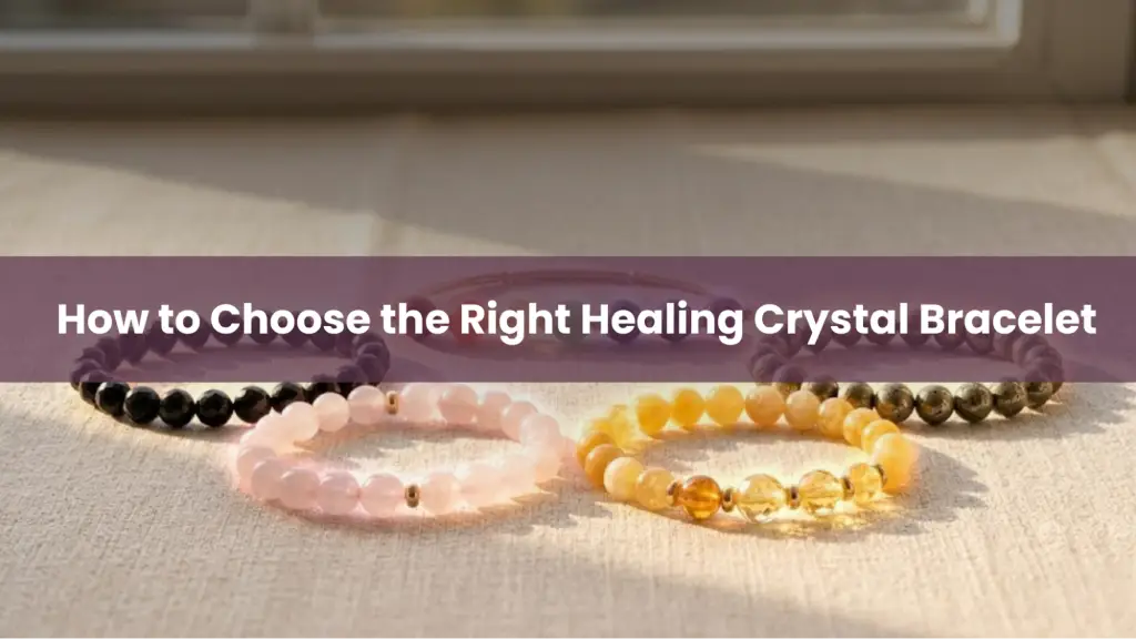 Different healing crystal bracelets displayed to help choose the right crystal bracelet for energy and healing